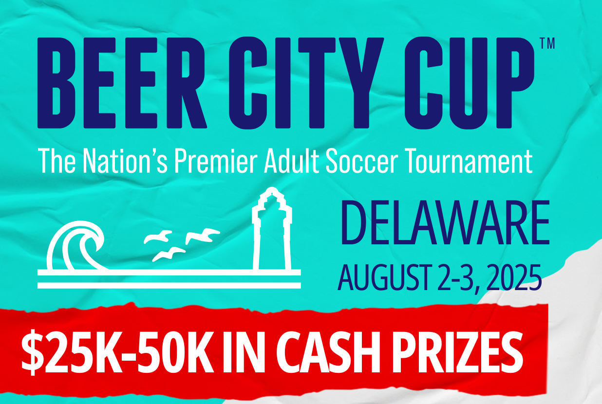 Beer City Cup Delaware 2025 Adult Soccer Tournament flyer. Dates August 2-3, 2025 at DE Turf Sports Complex in Frederica, DE. Features cash prizes; mens, womens, and co-ed teams; multiple divisions; and a two-game guarantee. Enter your team today at BeerCityCup.com.