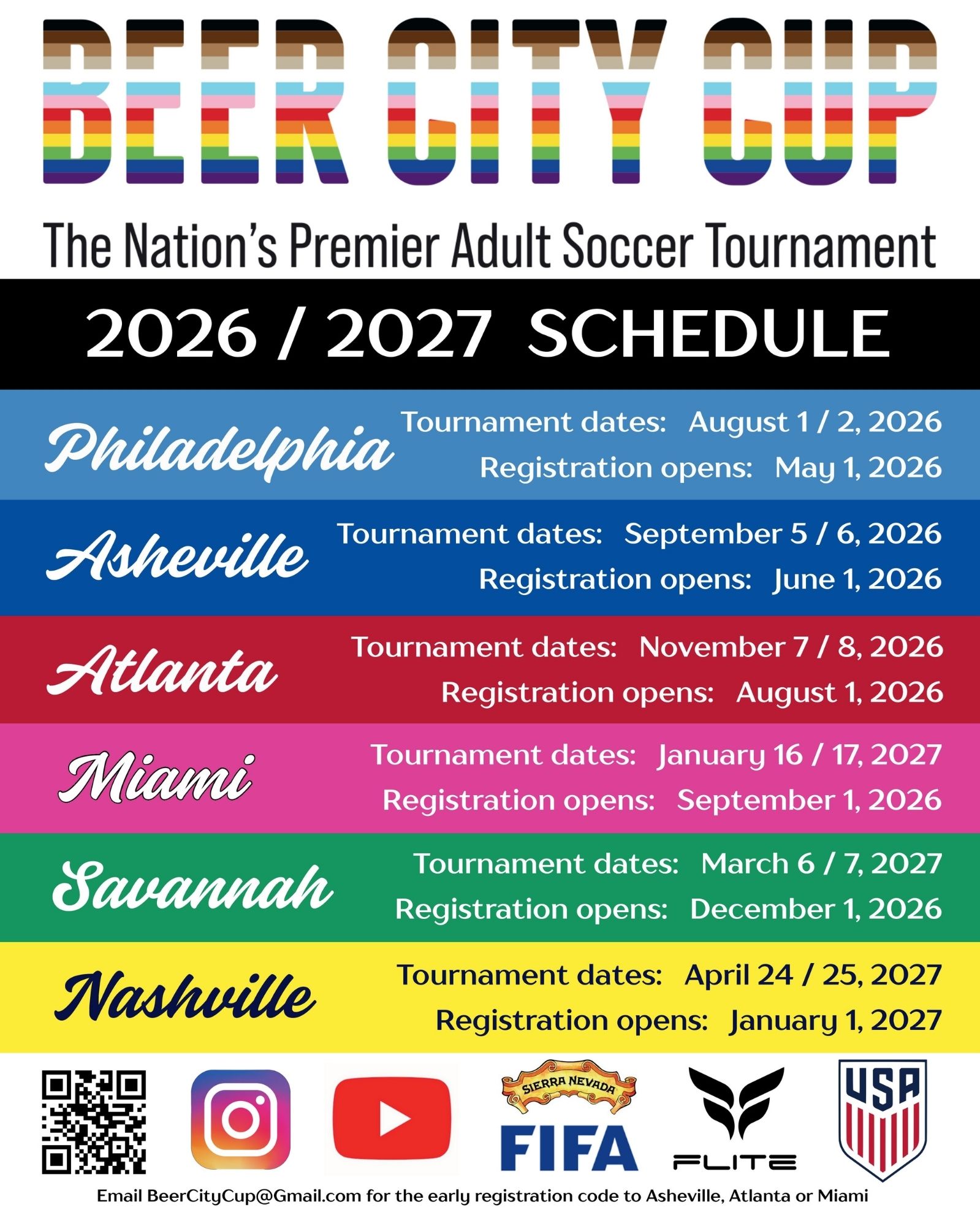 2025 Beer City Cup adult soccer tournament schedule with dates for Savannah (March 1-2), Chicago (May 24-25), Delaware (August 2-3), Asheville (August 30-31), and Nashville (November 8-9), featuring a male player demonstrating ball control.