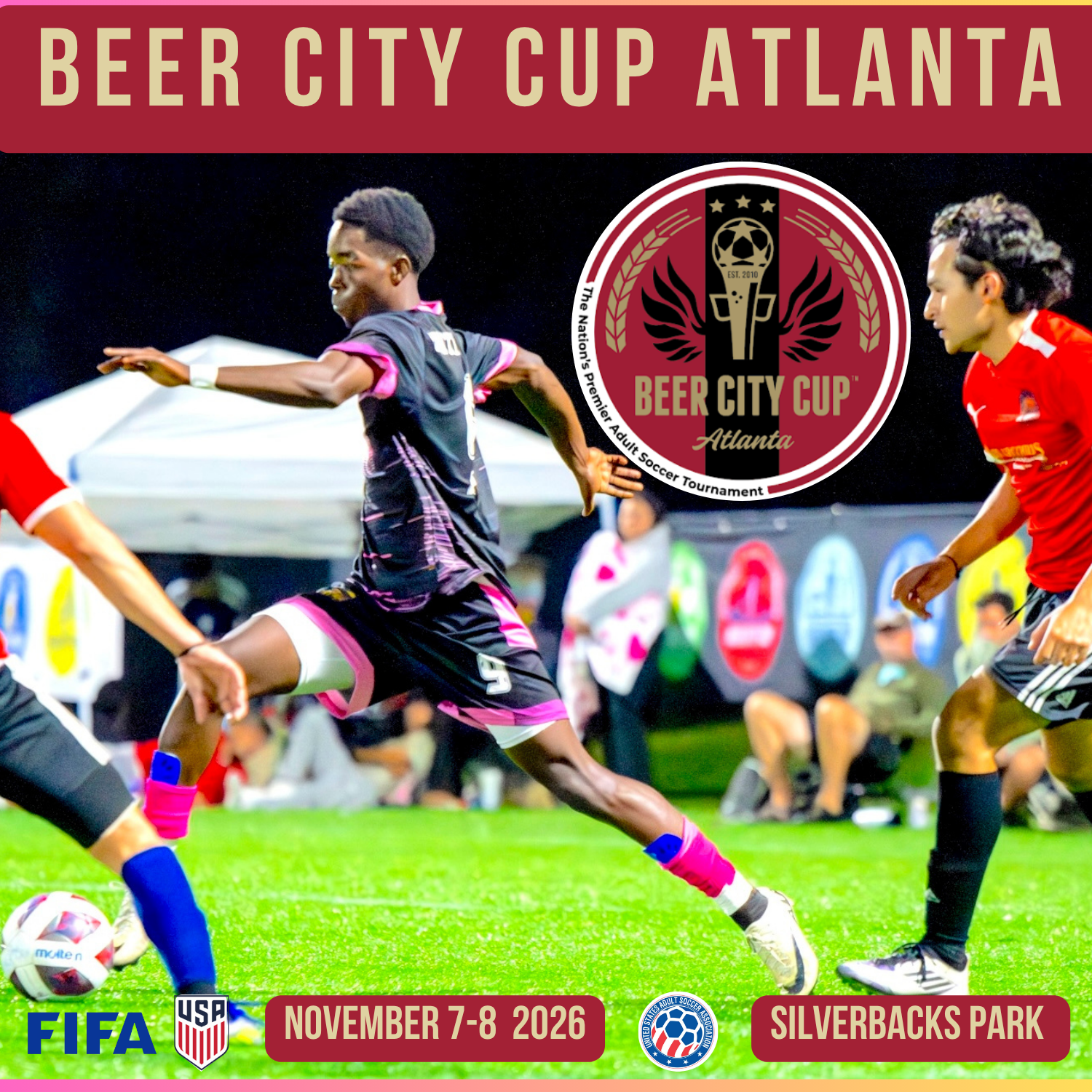Beer City Cup Delaware 2025 Adult Soccer Tournament flyer. Dates August 2-3, 2025 at DE Turf Sports Complex in Frederica, DE. Features cash prizes; mens, womens, and co-ed teams; multiple divisions; and a two-game guarantee. Enter your team today at BeerCityCup.com.